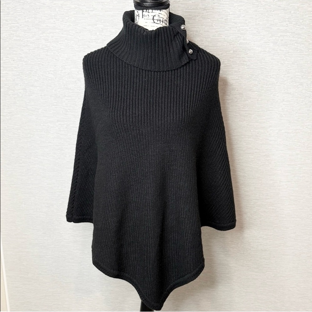 MICHAEL Michael Kors Women's Black Ribbed Button Turtleneck Poncho